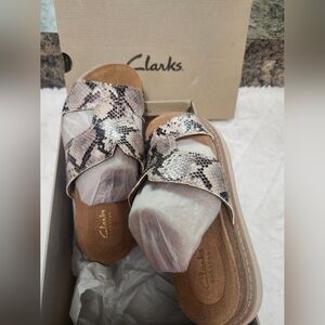 Clarks Women's Black and Cream Snakeskin Sandals